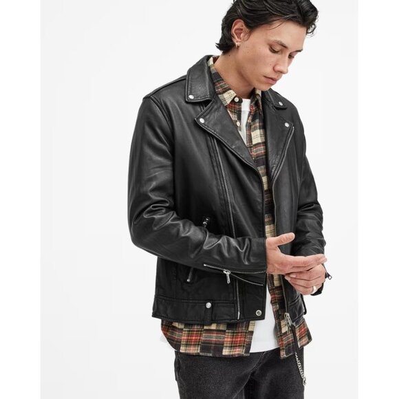ALLSAINTS Men's Milo Asymmetric Zip Leather Biker Jacket Size M In Black - Picture 3 of 9